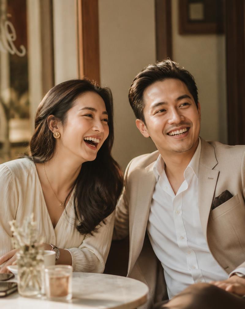 Pasangan muda Indonesia tertawa bersama di kafe