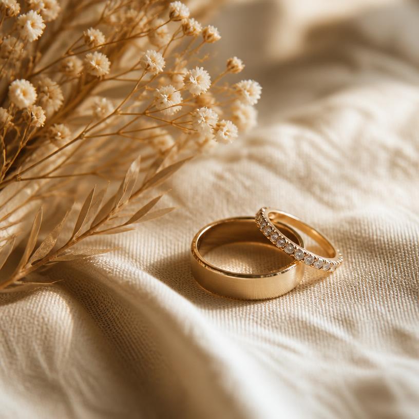 Sepasang cincin nikah di atas kain linen